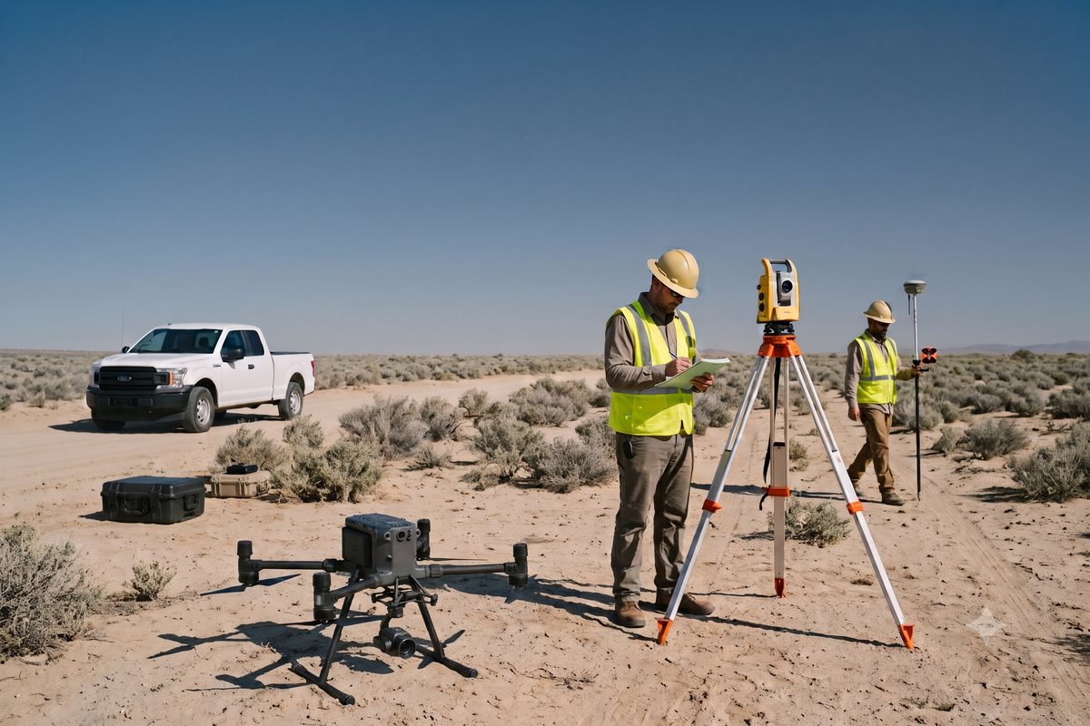 Survey crew with robotic total station, GNSS rover and mapping drone on the vacant Adelanto parcel