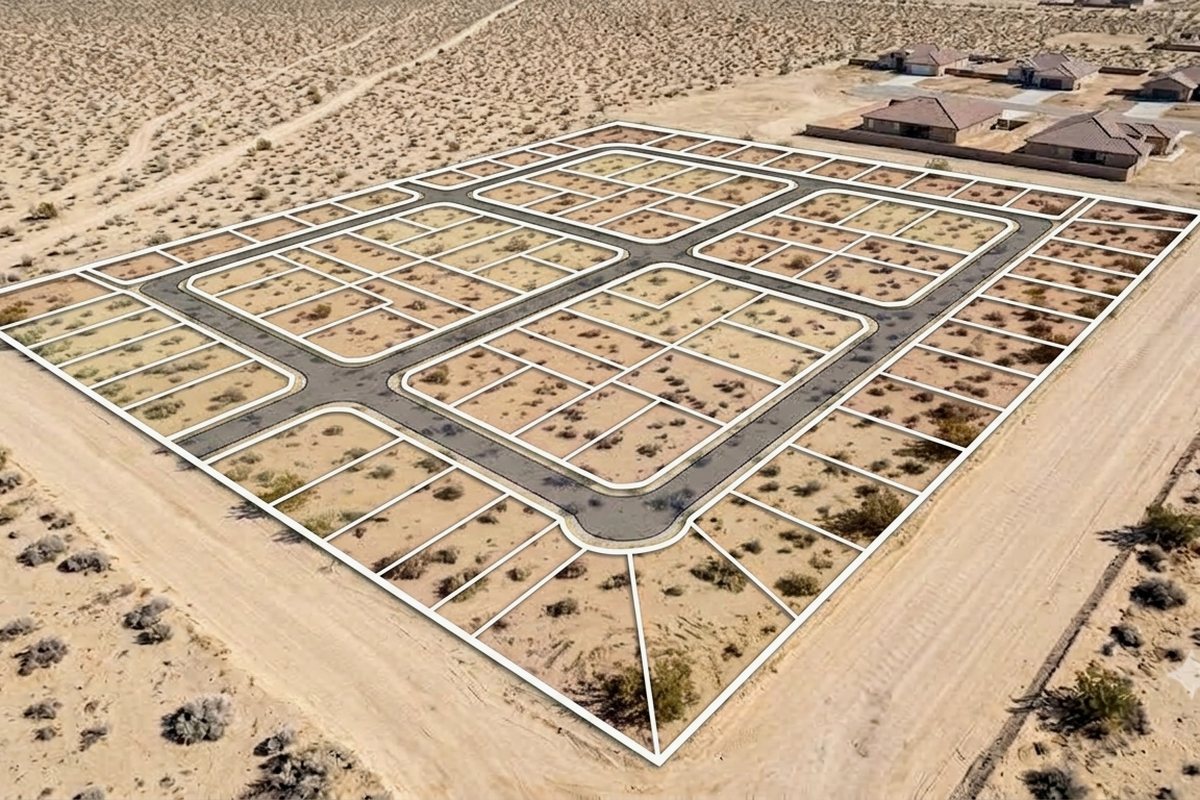 Aerial view with the proposed street and lot line layout overlaid on the vacant parcel