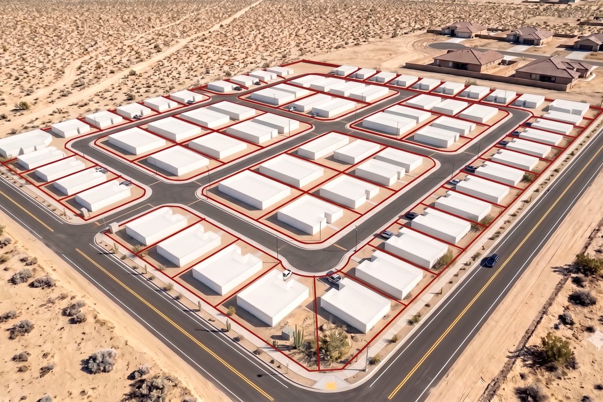 Aerial visualisation of the completed subdivision with paved streets and building envelopes