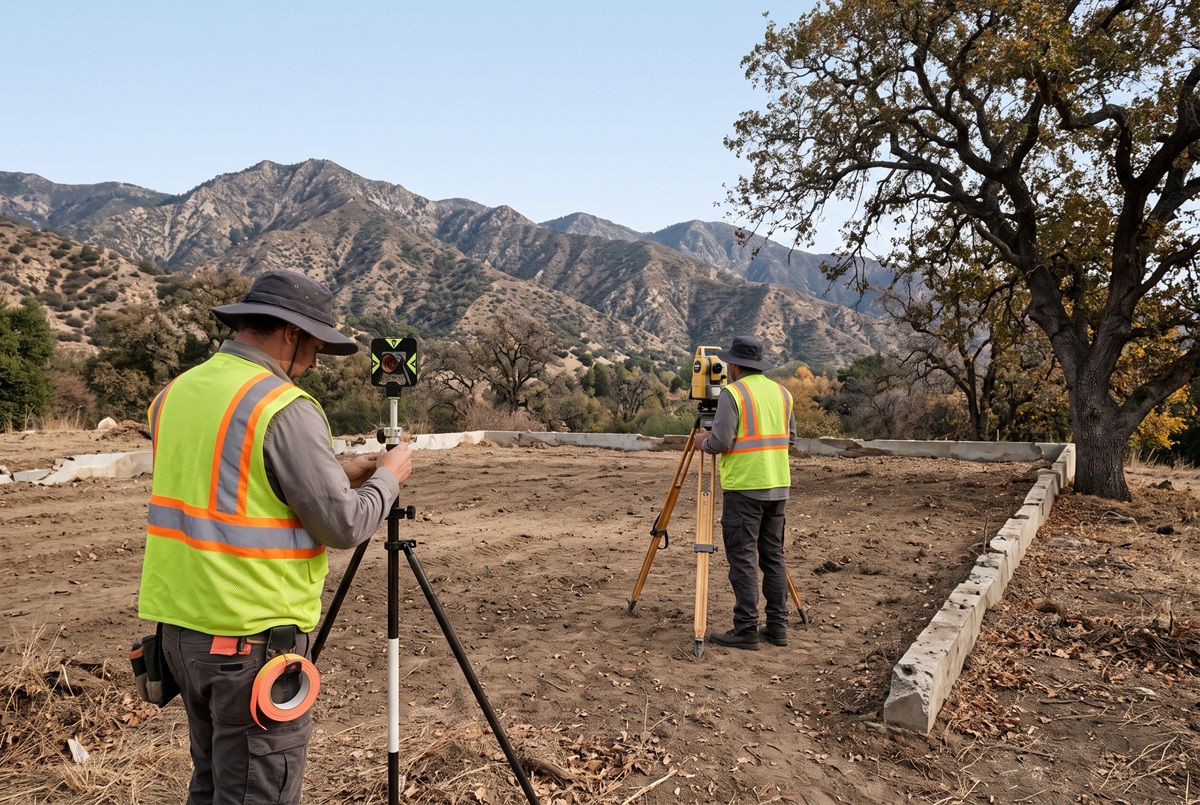 Surveyor sighting through a total station on a cleared foothill lot, a second crew member holding a GPS pole nearby