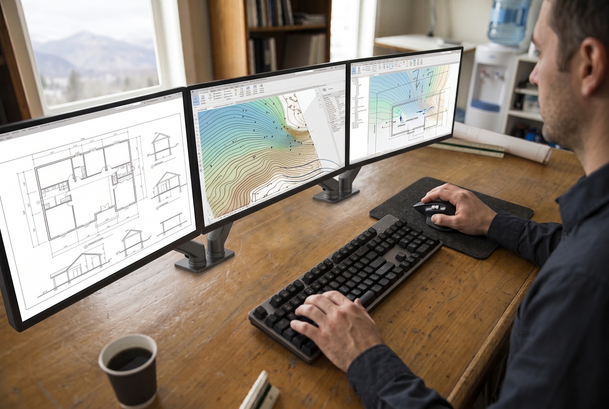 Civil designer at a workstation with a grading and drainage plan for a single-family lot on screen