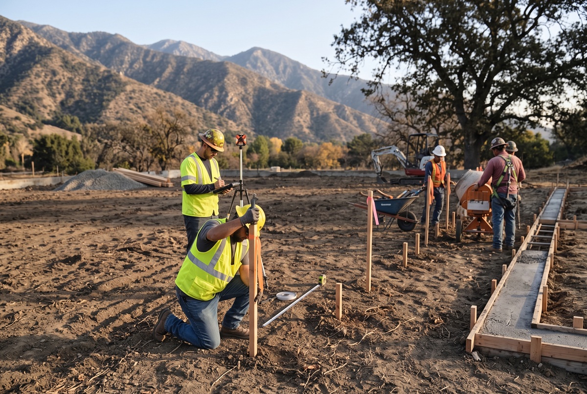 Wooden hubs and lath stakes with orange flagging marking a building outline on a graded dirt pad