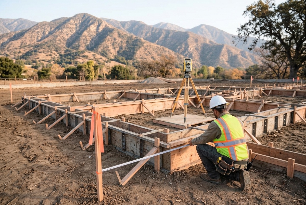 Surveyor measuring with a steel tape from a foundation form to a property-line stake, total station on a tripod behind