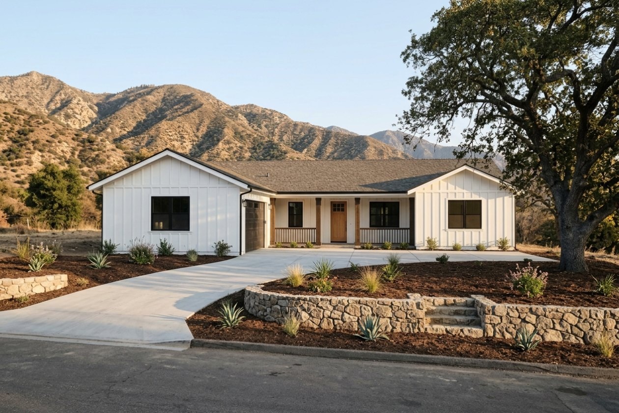 Newly built single-storey house with a covered porch and stone retaining walls on a foothill lot, mountains behind