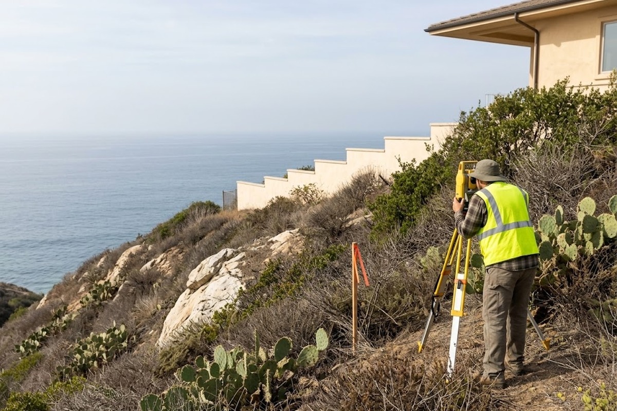 Surveyor at a total station on a steep coastal residential lot, ocean haze in the distance