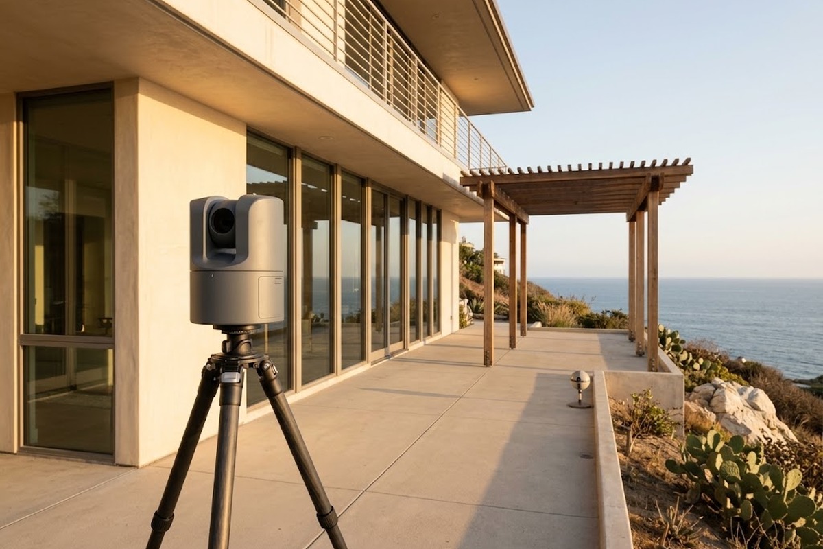 Tripod-mounted laser scanner on a terrace outside a single-family home, capturing the exterior