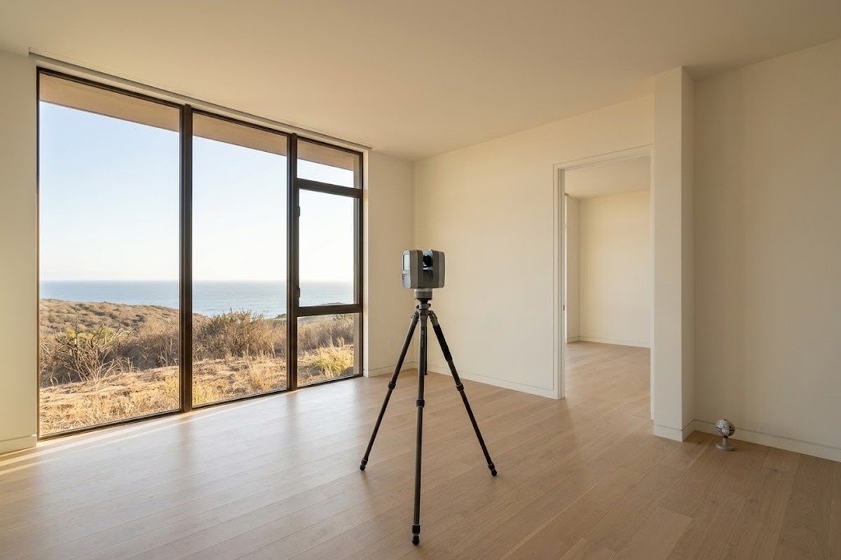 Tripod-mounted laser scanner in an empty room of a house, capturing walls, windows and ceiling