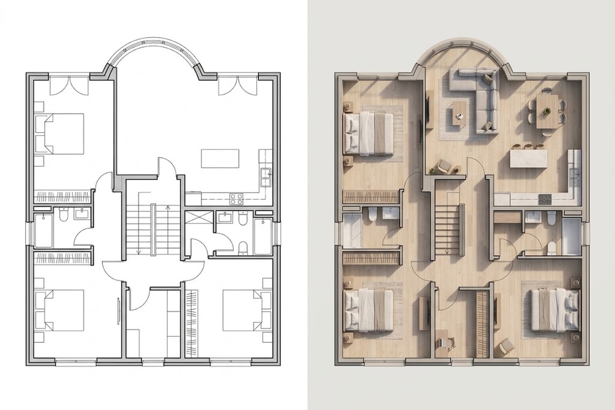 As-built floor plan of one level shown as CAD linework beside the same plan rendered from the building model with furniture
