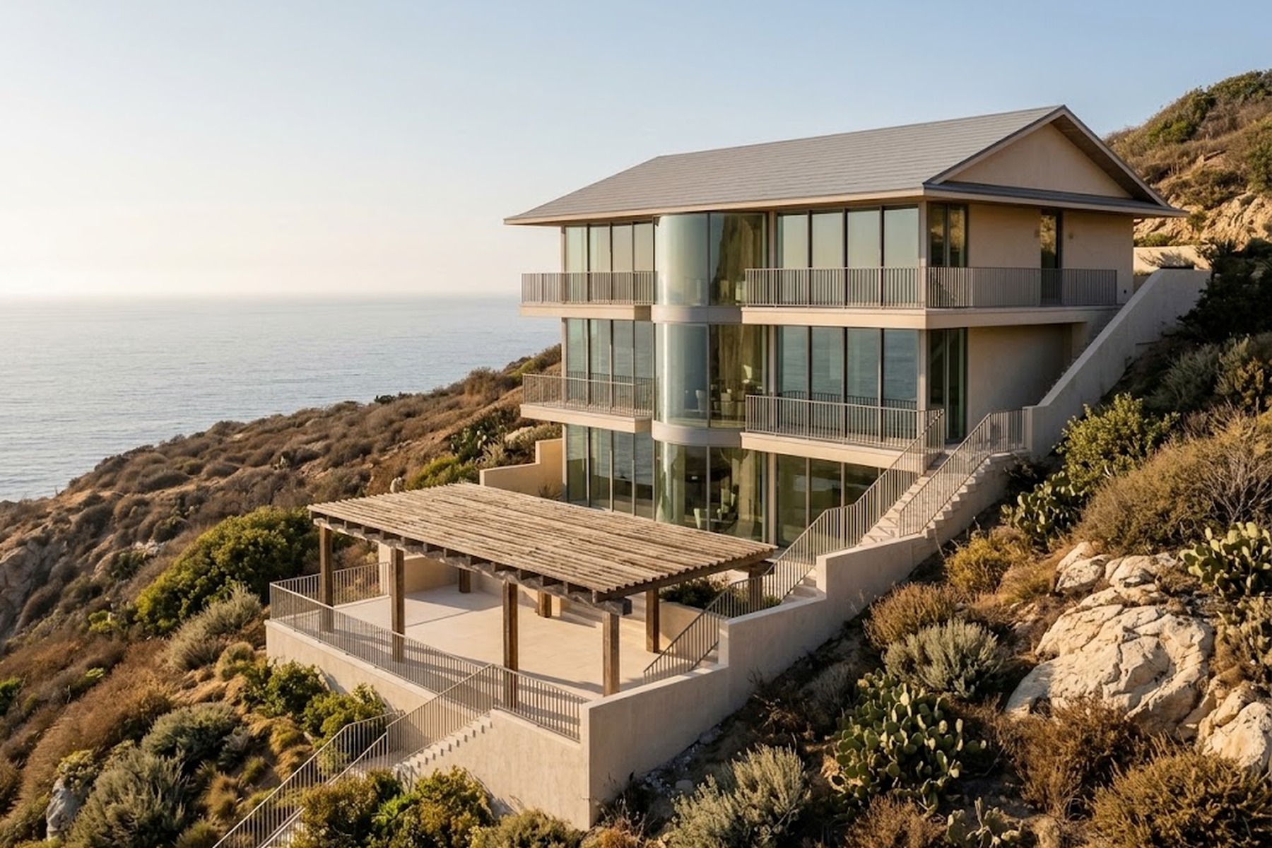 Contemporary multi-level house stepping down a steep coastal hillside above the Pacific