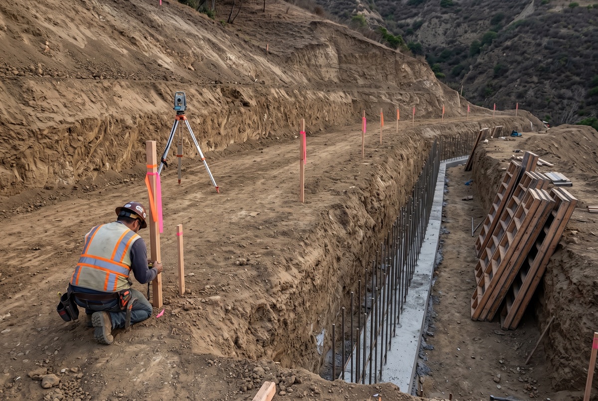 Line of stakes with orange flagging marking a retaining wall alignment across a graded slope, poured footing and rebar following the same line