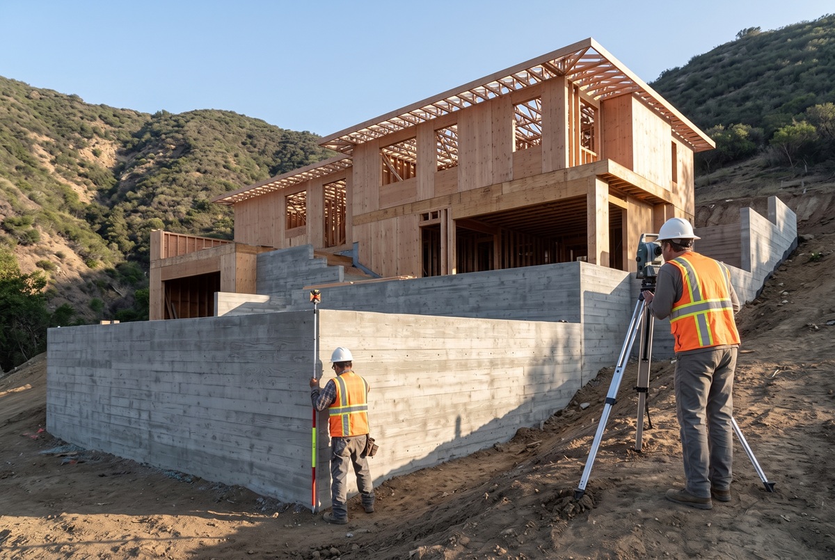 Surveyor sighting a total station at a framed two-storey house on concrete retaining walls while a crew member holds a rod at the lowest adjacent grade