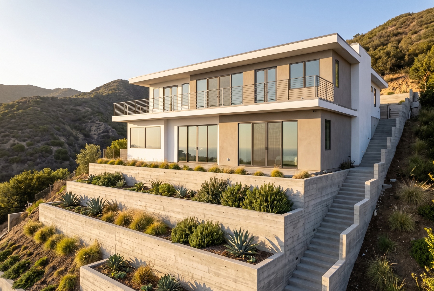 Completed modern two-storey hillside home with a flat roof and deck, standing above tiered board-formed concrete retaining walls planted with drought-tolerant landscaping