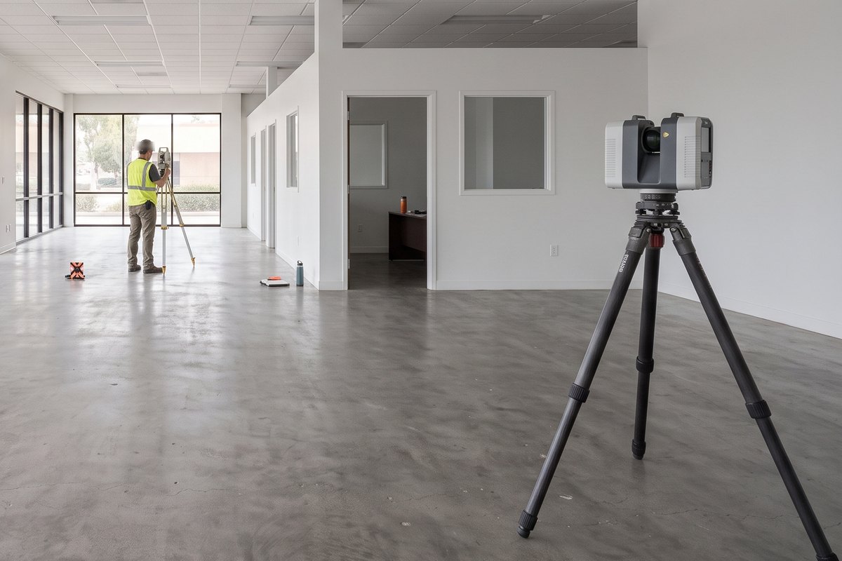 Surveyor operating a laser scanner on a tripod inside an empty commercial suite with storefront glazing
