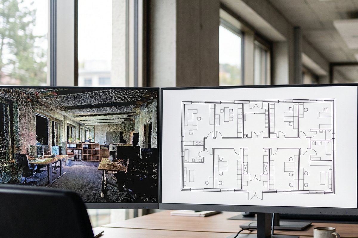 Two monitors on a drafting desk, the point cloud on the left and the finished CAD floor plan on the right