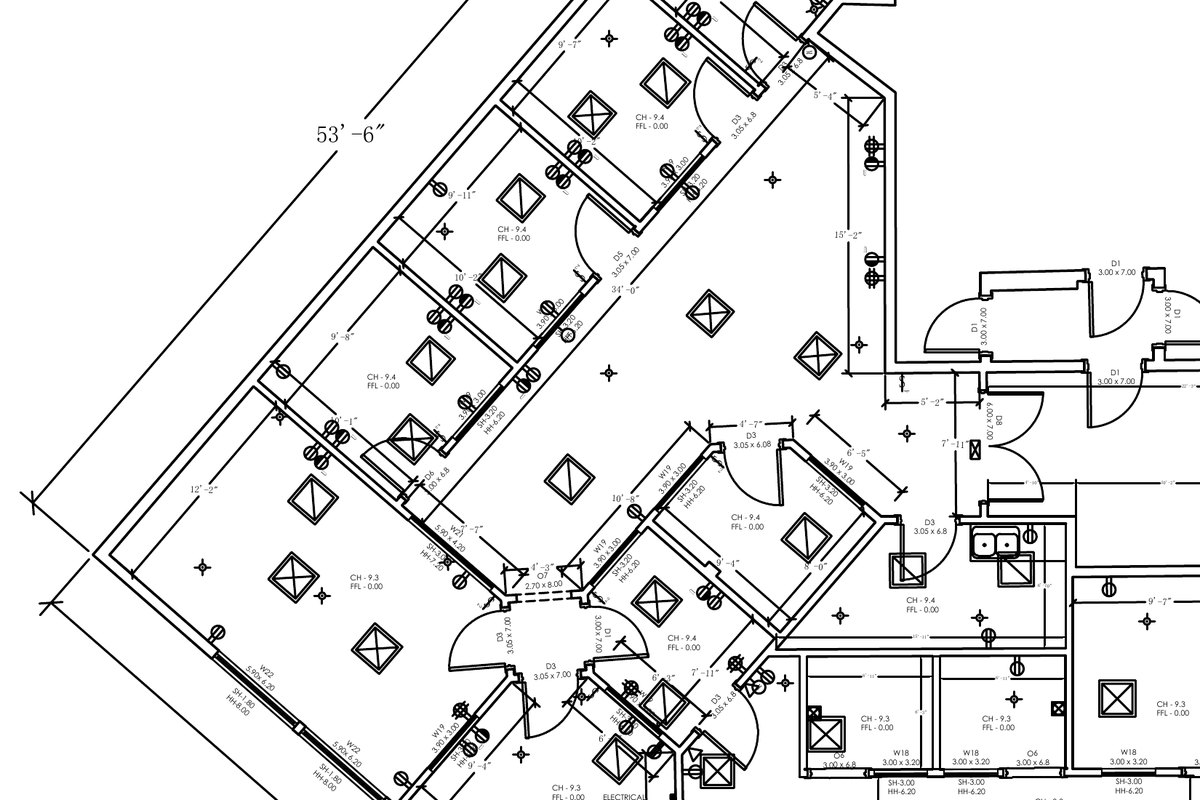 Detail of the issued LOD 300 lease plan showing partition walls, door swings, dimension strings and electrical symbols