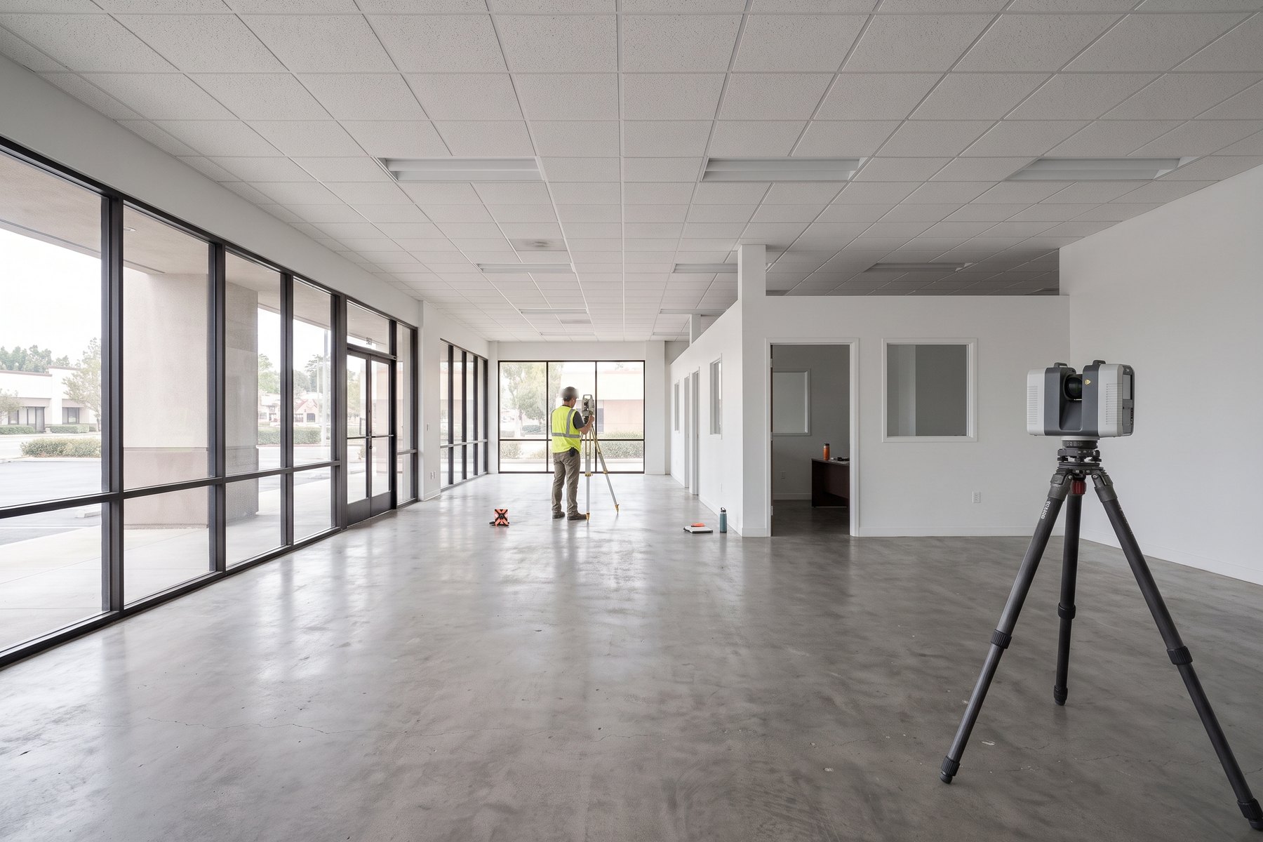 Surveyor with a laser scanner on a tripod in an empty multi-tenant commercial suite, storefront glazing along one wall