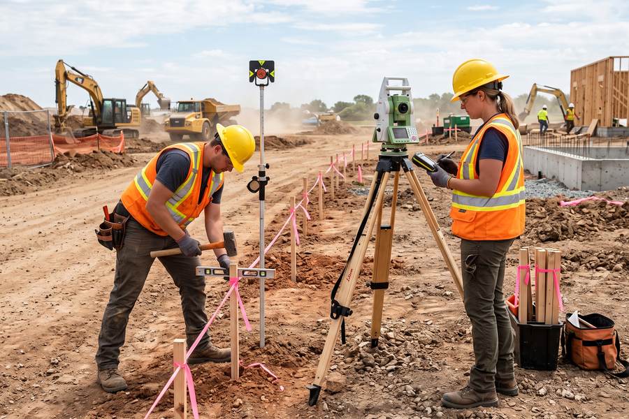 Survey crew setting construction stakes with pink flagging on a graded site while a second surveyor records data at a total station