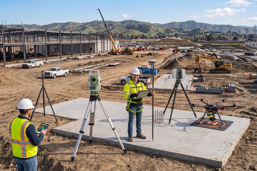 Survey crew on a development site with a robotic total station, GNSS rover, terrestrial laser scanner and mapping drone